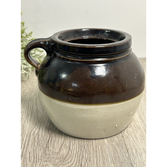 Vintage Two Tone Stoneware Glazed Crock Bean Pot w/ Handle Farmhouse Cottage - Picture 4 of 9